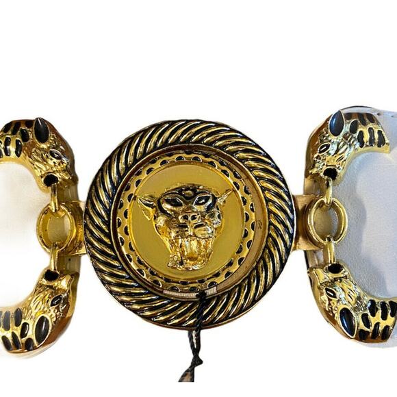 Vintage 80s motel cheetah head buckle gold tone Ivory Stretch belt Sz L - Picture 2 of 11